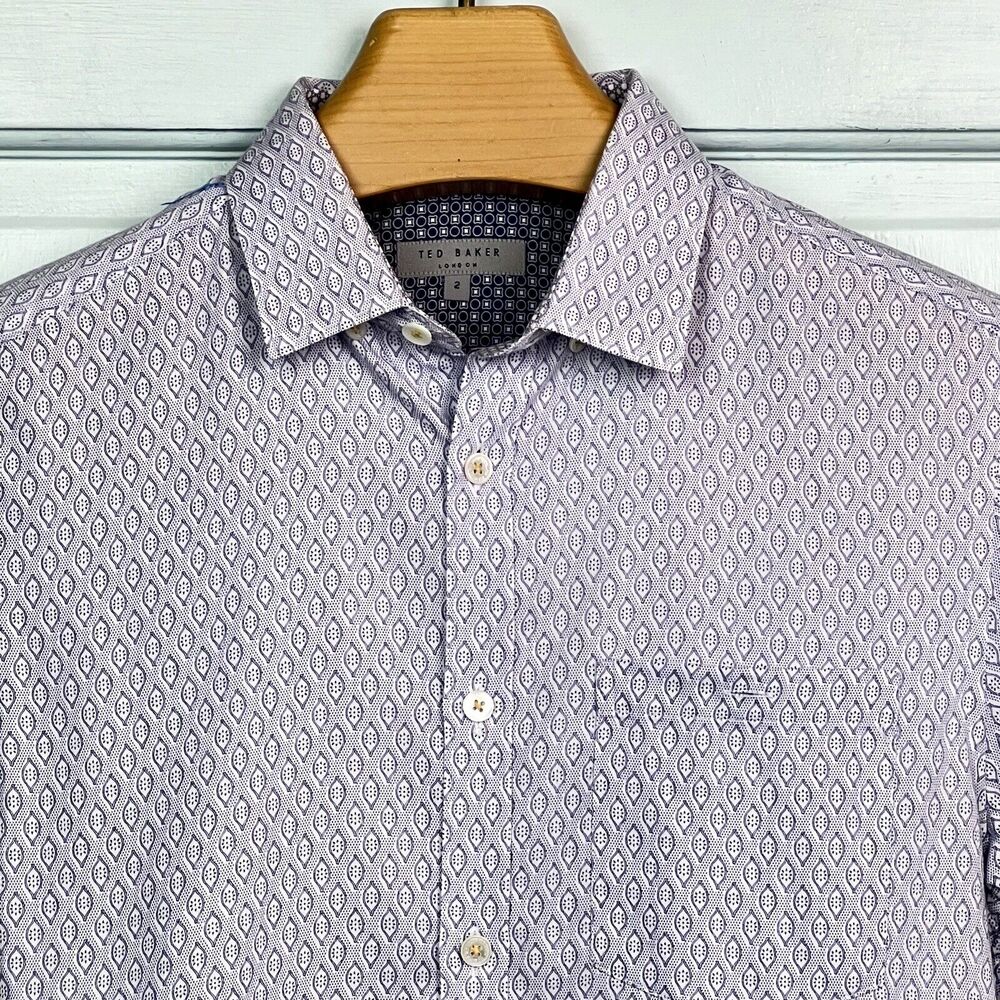 Blue Micro Print Ted Baker Short Sleeve Shirt Pocket Embossed Buttons Sz 2